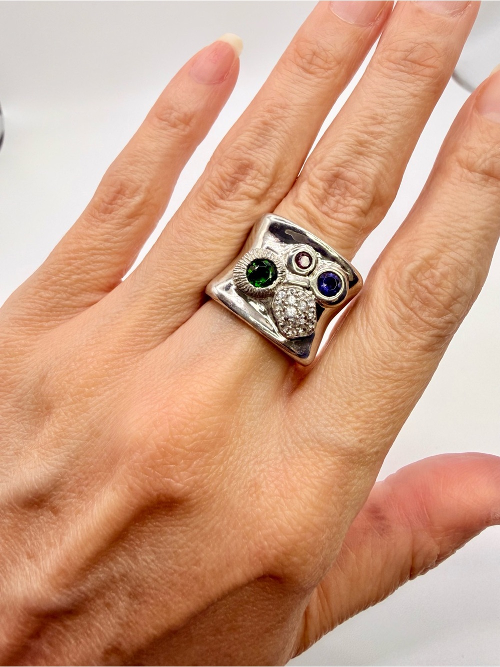 Estate 925 Sterling Wide Ring Sapphire Emerald Tanzanite Tourmaline Size 7